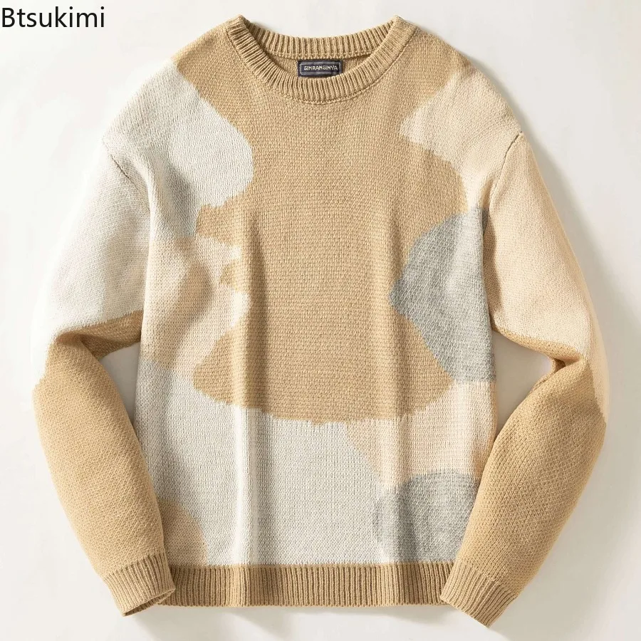 New Men Abstract Jacquard Color Block O Neck Sweater Long Sleeve Pullover Casual Autumn Winter Daily Basic Knitwear Top for Men
