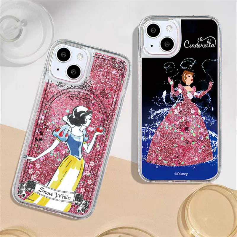 Disney Cute Snow White Cinderella Girl Liquid Quicksand Bling Glitter Phone Case For iPhone 15 Pro Max 14 13 12 11 X XS XR Case