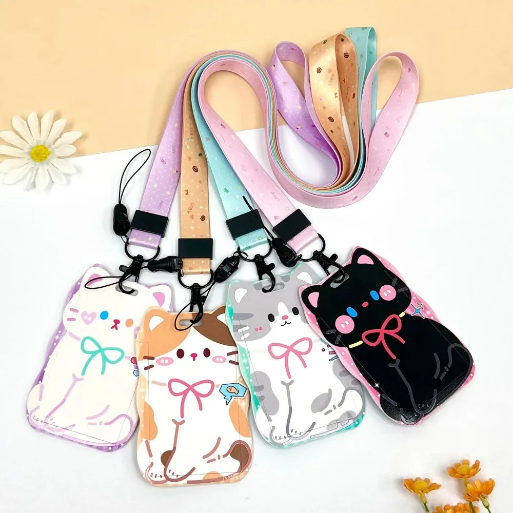 1pc Cartoon Cat ABS Sliding Card Holder Anti-lost Student ID Meal Card Protective Neck Lanyard Accessories