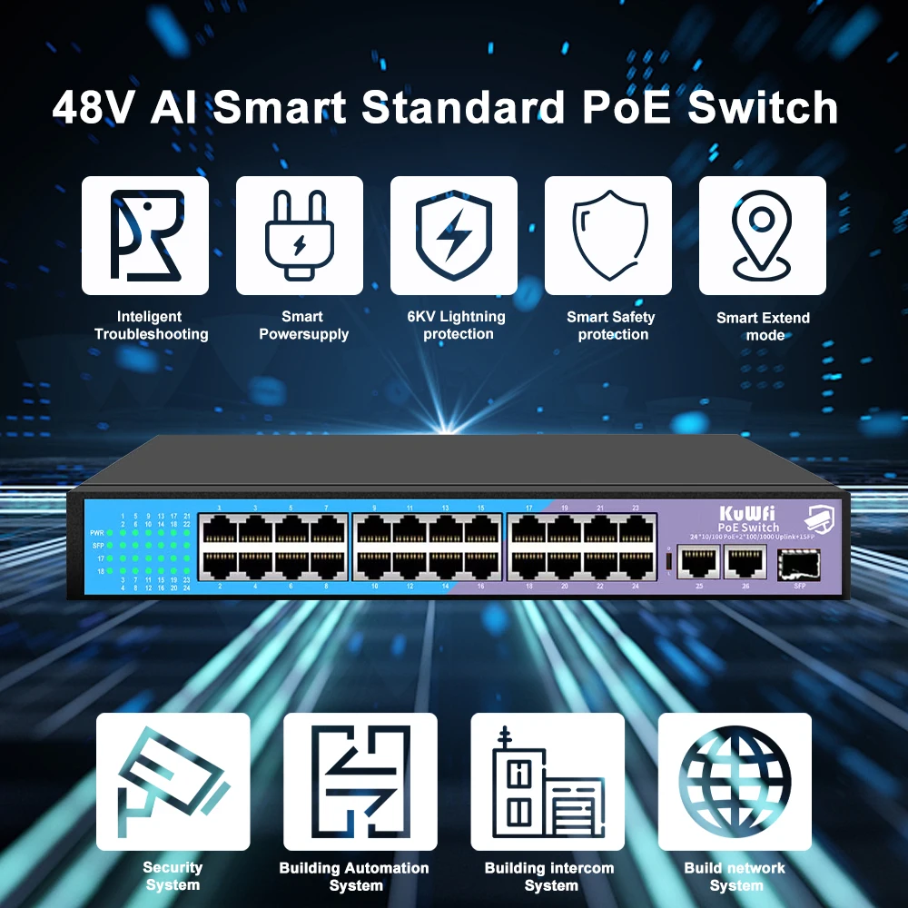 KuWFi 16/24 Port PoE Switch 10/100Mbps AI Network Switch 2*UP Link Rj45 Lan For IP Camera/Wireless AP/CCTV Security Camera