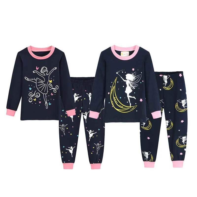 Little Hand Toddler Girls Pajamas Glow-in-the-dark Dinosaurs Long Sleeve Pjs 100% Cotton Two-piece Pajamas Set for 2-7T