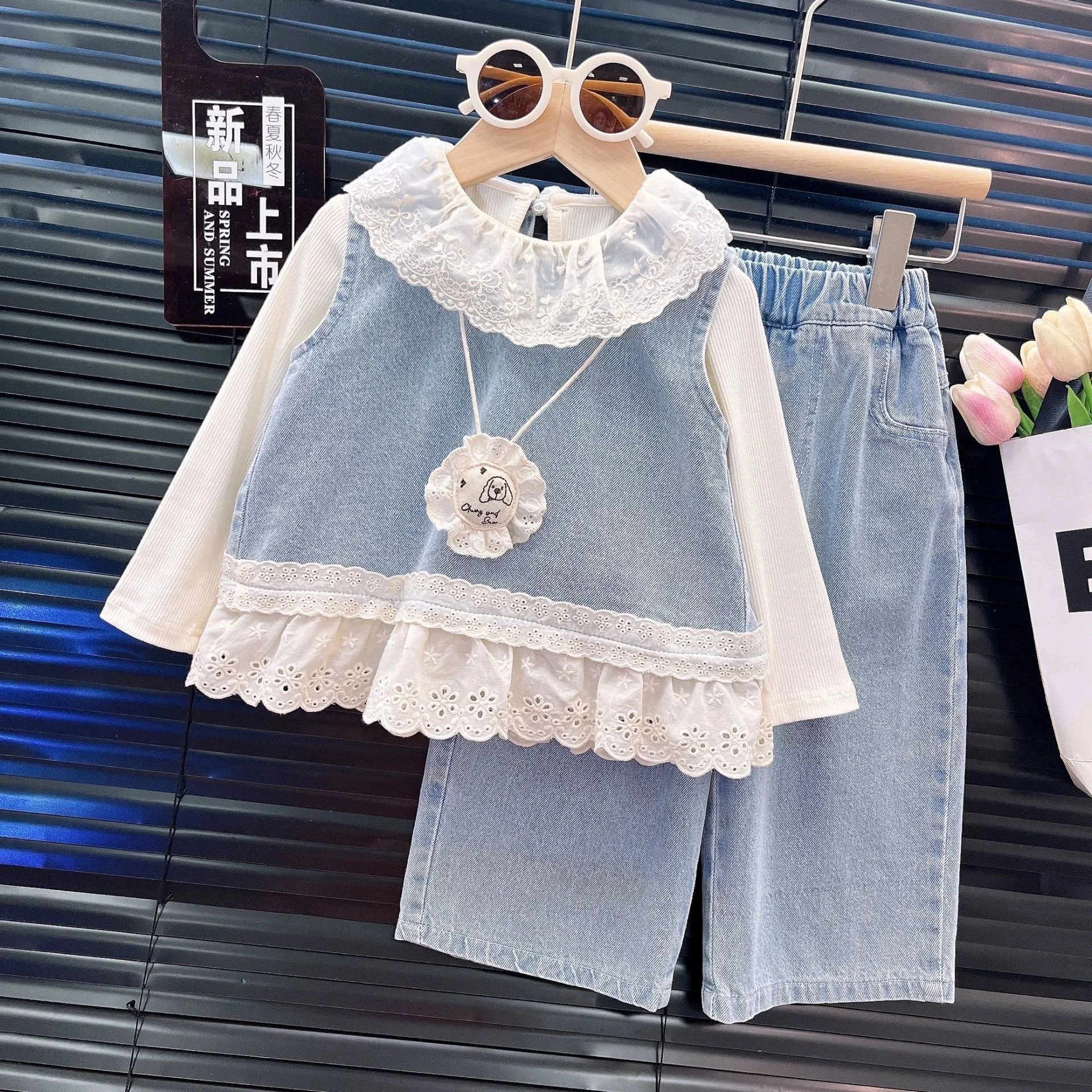 Girls Spring Outfit 2025 New Fashionable Childrens Spring and Autumn Trendy Baby Girl Denim Three-Piece Set