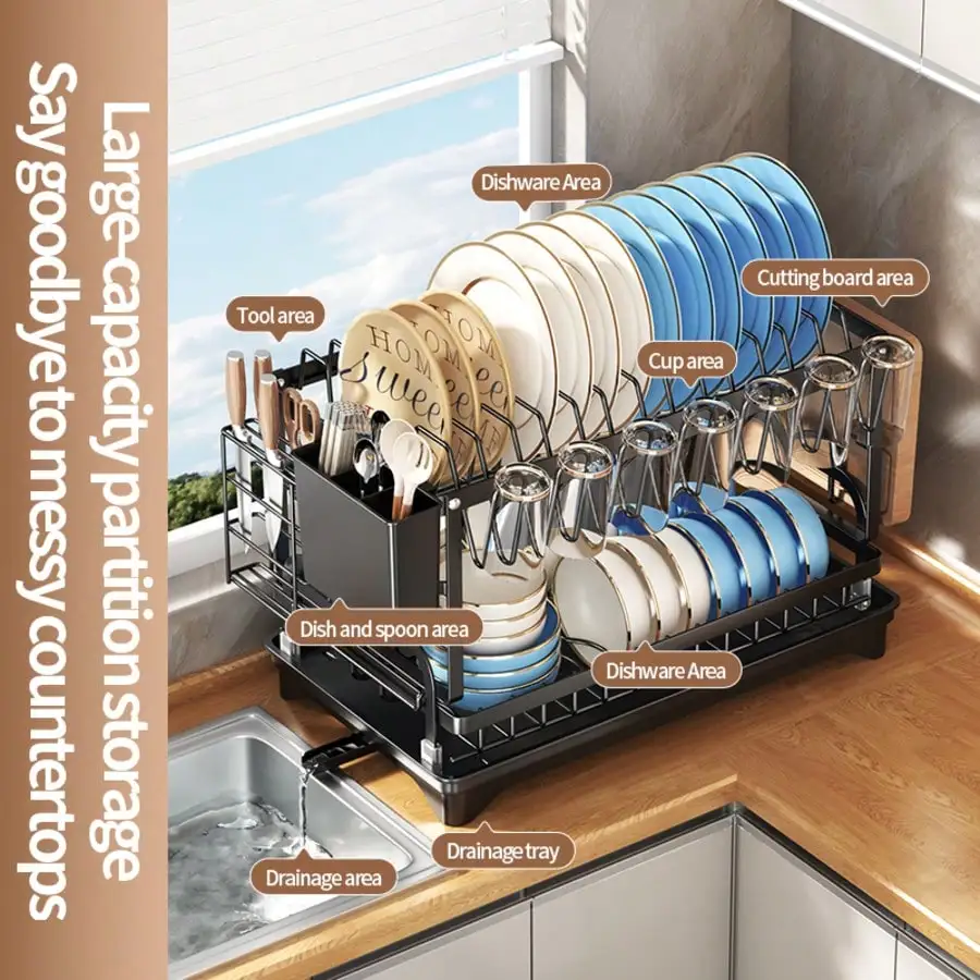 Kusuxva This Double-Layer Metal Kitchen Countertop Dish Rack Is Space-Saving And Durable. It Comes With A Knife And Fork Holder,