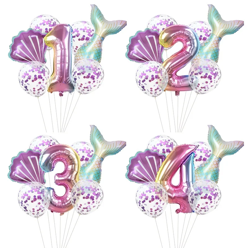 7pcs Little Mermaid Party Balloons 32inch Number Foil Balloon Kids Birthday Party Decoration Supplies Baby Shower Decor Globos