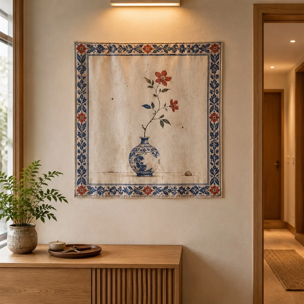 VIKAMA Single Branch Vase Border Frame Tapestry Wall Hanging, Wabi Sabi Wall Art Tapestries for Kitchen Dining Room Living Room