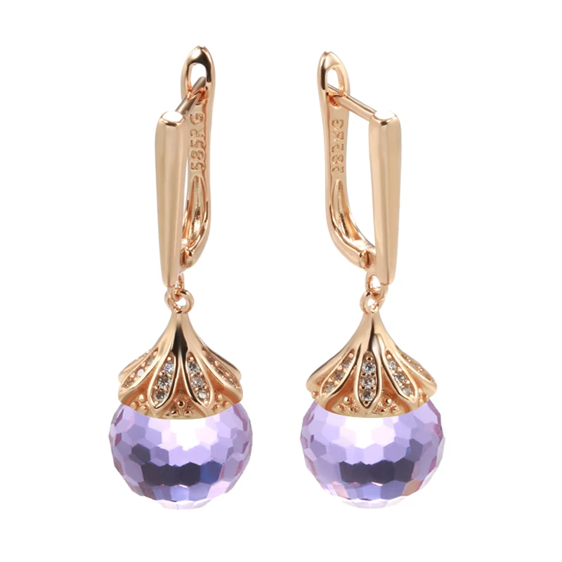 Kinel New Fashion 585 Rose Gold Round Purple Crystal Ball Drop Earrings For Women Wedding Party Luxury Trendy Daily Jewelry