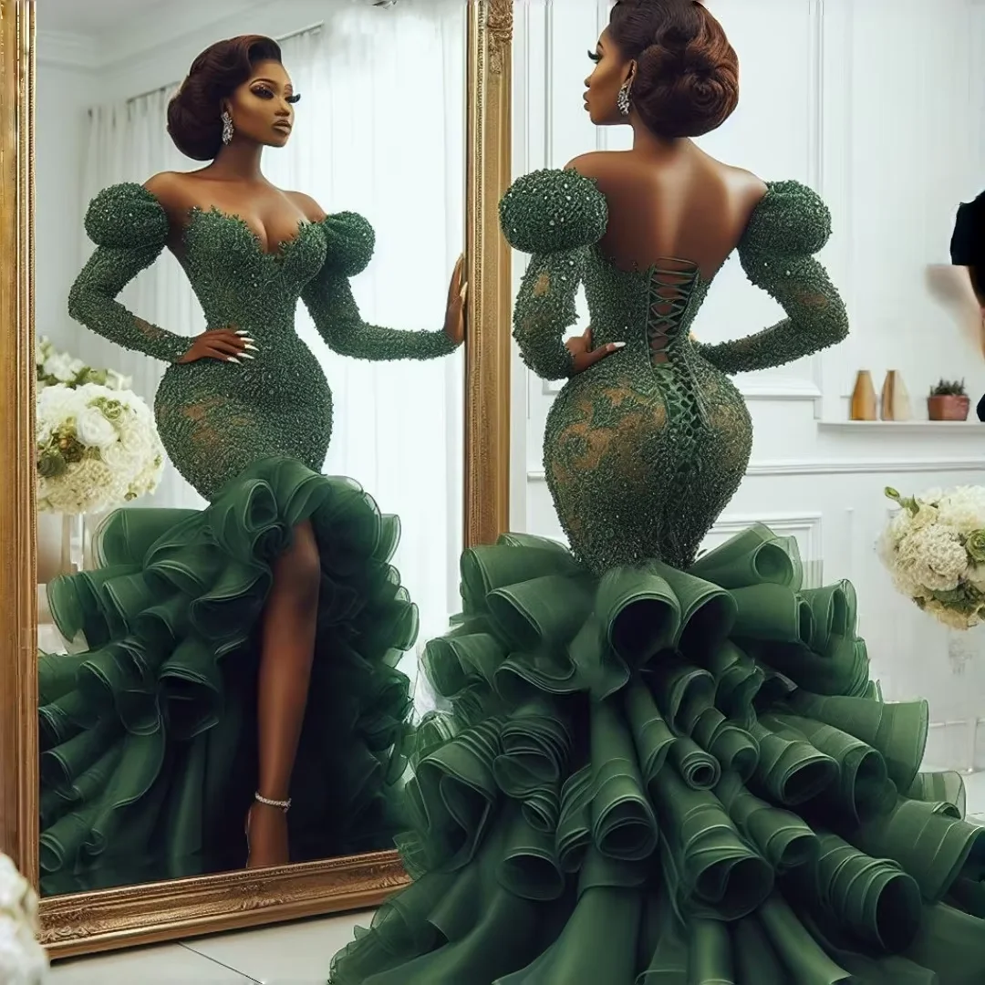 Dark Green Mermaid Aso Ebi Prom Dress Off Shoulder Puff Long Sleeve Beaded Ruffled High Low African Lace Evening Gown Customized