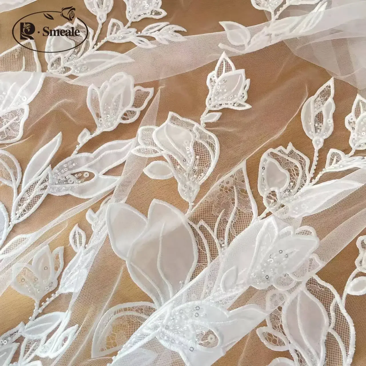 Luxury Beaded Sequin Wedding Dress, Advanced Custom-Made Sewing, Gauze Bridal Lace Fabric Background Decoration Accessories