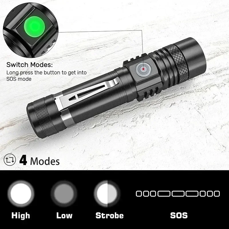 Wiederaufladbare T6-Handtaschenlampe, verwenden Sie 18650-Zoom-Taschenlampe, tragbare Kappenklemme, Stirnlampe, Stiftclip, Arbeitslicht, Outdoor-Taschenlampe