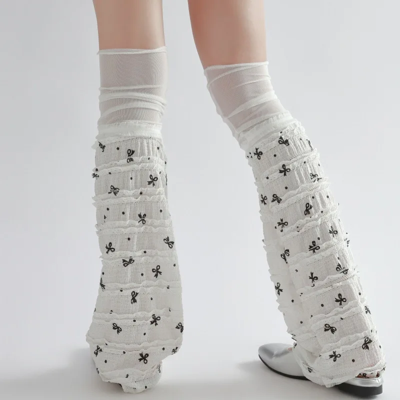 Sweet Lolita Style Ruffle Flared Leg Warmers Elastic Long Boot Covers Cute Bow Pattern Soft Fabric For Girls Outfit