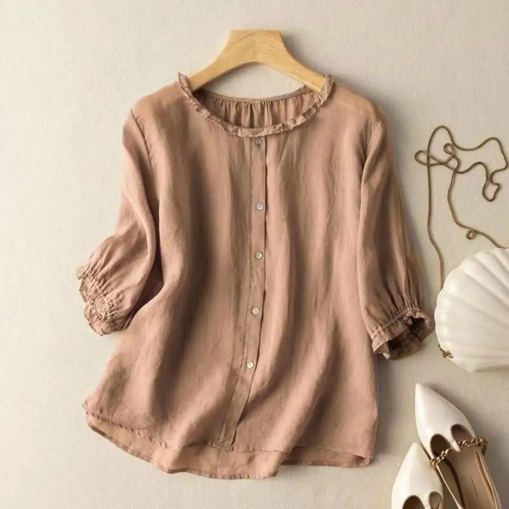 Loose Fit Women Top Solid Color Ruffle Trim Buttons Decor Loose Fit Women\'s Blouse Stylish Three-quarter Sleeve Shirt Tops