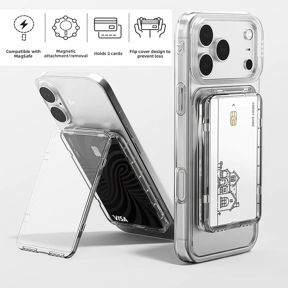 Transparent For MagSafe Card Sleeve 2 Card Slots Shockproof Magnetic Stand Card Holder Detachable for iphone 17/16/15/14/13/12
