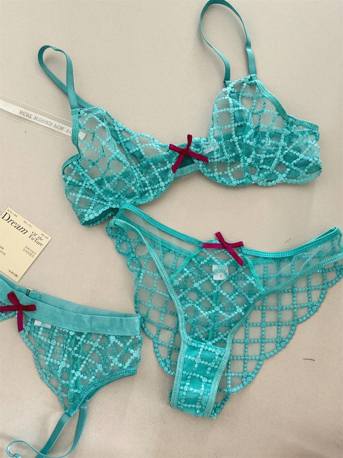 Conjunto de lingerie de três peças azul sereia, roupa íntima fina de peito grande, sutiã de renda sexy, respirável, sutiã romântico com cuecas