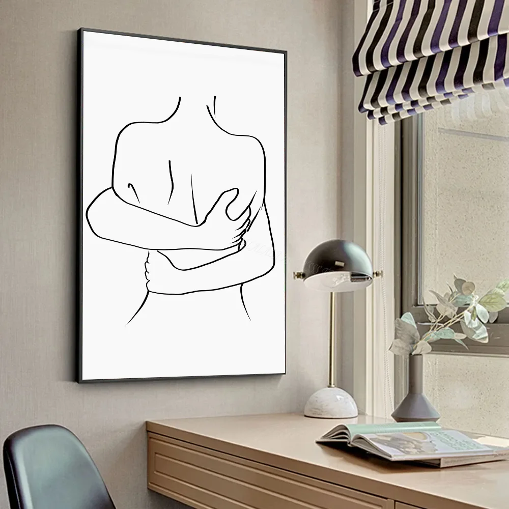 1pc Line Art Hug Kiss Love Poster HD Posters Home Room Bar Cafe Decor Art Wall Painting Picture