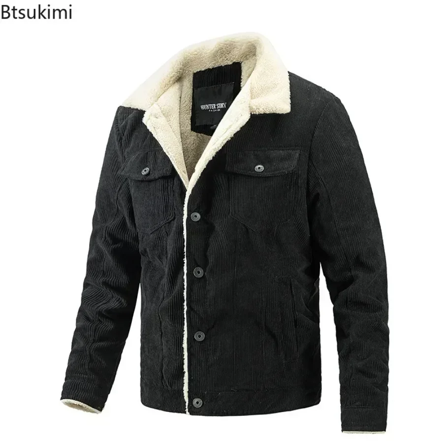 2024 Autumn Winter Men's Fleece Warm Jacket Corduroy Casual Coat Fashion Turn-down Collar Single Breasted Thermal Outerwear Male