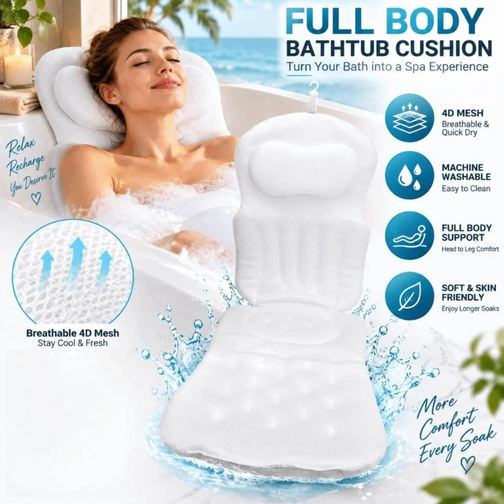 Polyester Full Body Bath Pillow with Suction Cups Non-Slip Design Bathtub Cushion White 4D High Elasticity Bathtub Pillow