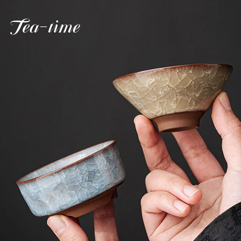 Boutique Longquan Black Ice Celadon Master Cup Handmade Ice Cracked Ceramic Tea Bowl Teaset Chazhan Large Tea Sake Cup Drinkware