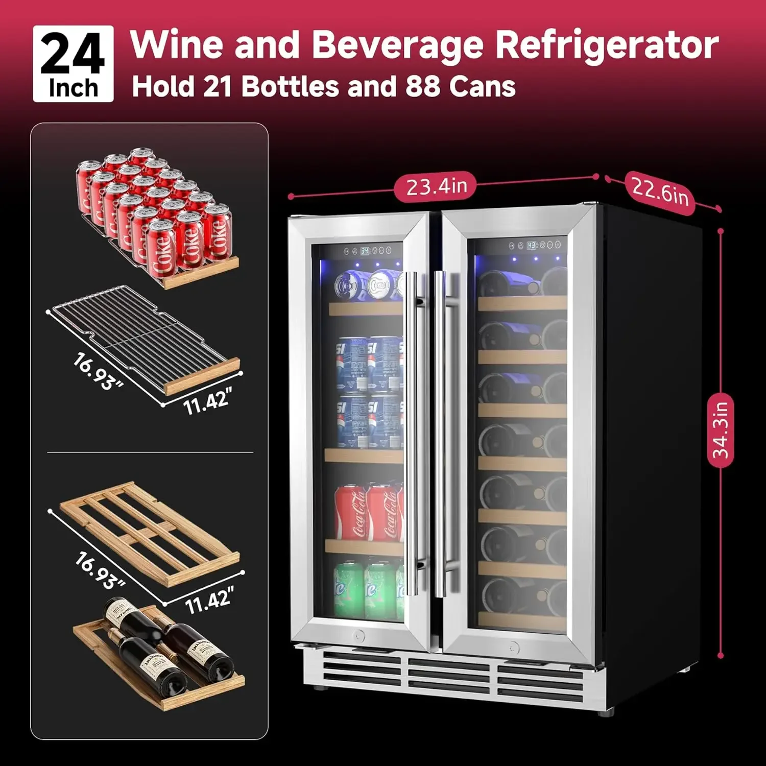 Beverage Refrigerator, Dual Zone Wine Cooler with Glass Door, Hold 88 Cans & 21 Bottles, Built in or Freestanding Under Counter