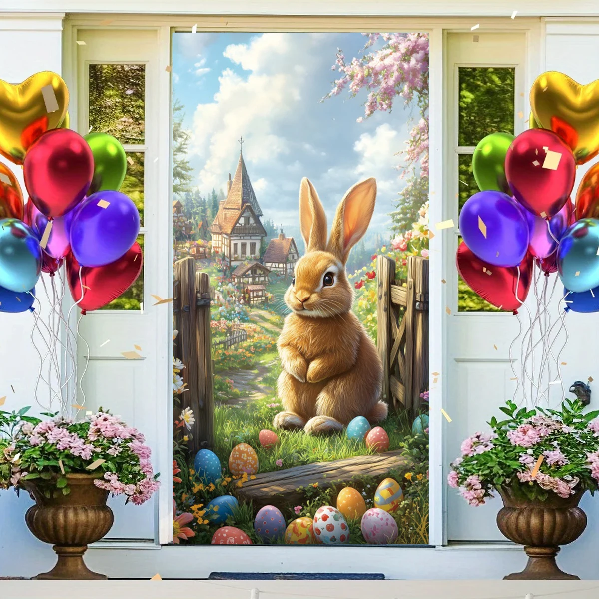Bannière de couverture de porte de lapin de Pâques joyeux printemps, rideau de porte de fond, décor de face, festival, fête, décoration de porche