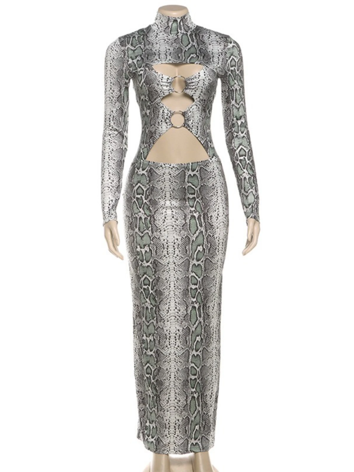 SsTss Fashion Women Snake Print Long Dress Sexy Turtleneck Long Sleeve Metal Circle Cut Out Slim Bodycon Midnight Party Dresses