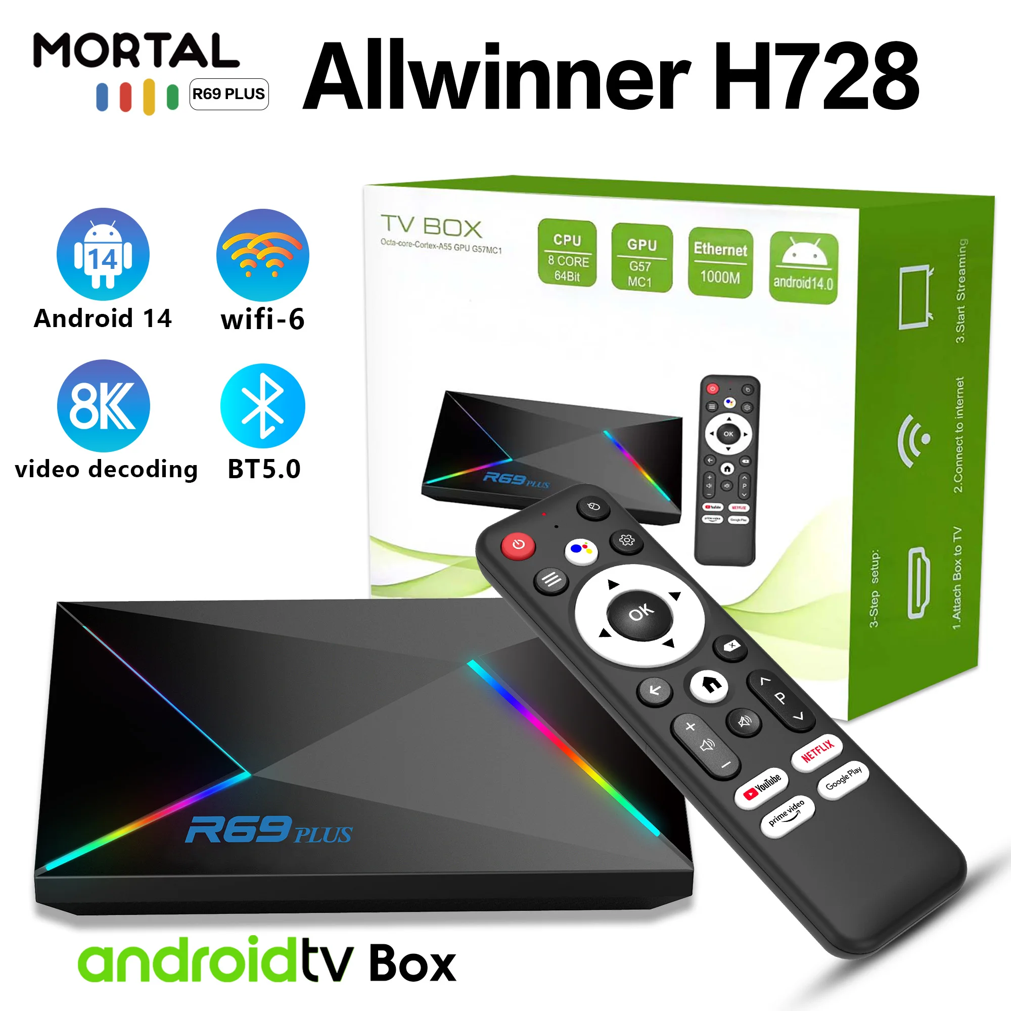 R69 Plus TV Box Android 14 OS Allwinner H728 Octa-Core WiFi 6 HD 8K Media Player 1000M BT5.0 Support Voice Remote Set-Top Box