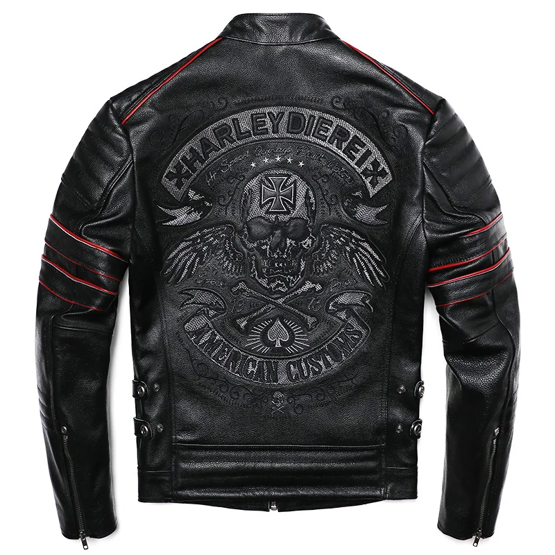 

2023 New Embroidery Skull Fashion Genuine Leather Jacket Men's Natural Cowhide Motorcycle Slim Moto Coat Size S-6XL