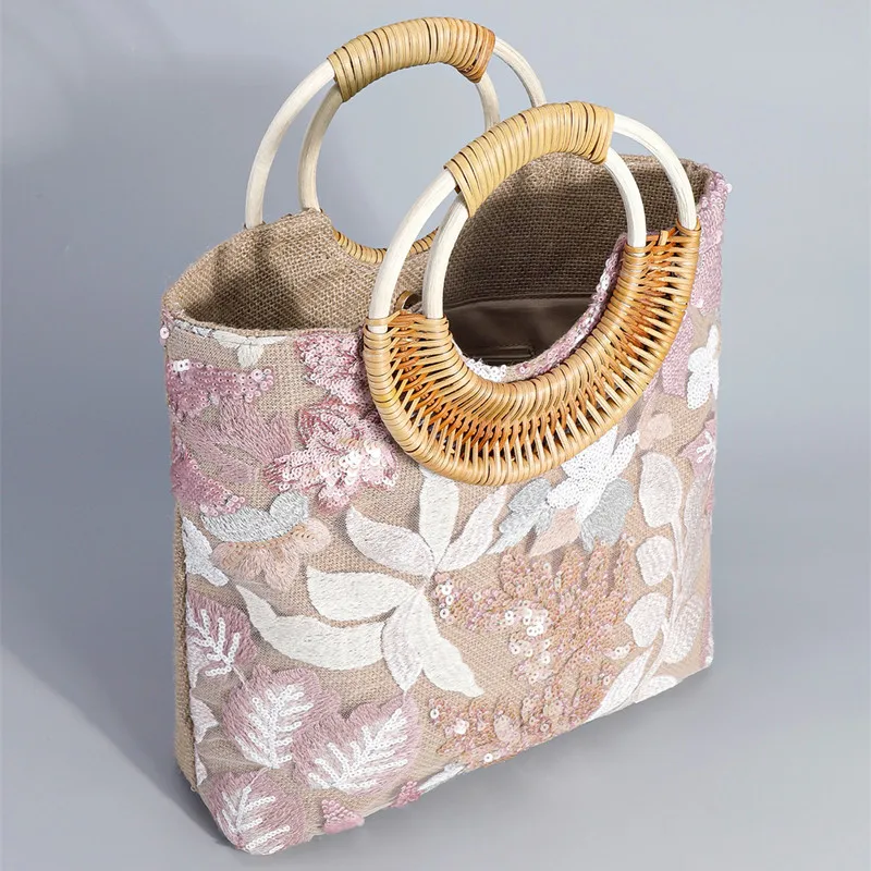 

2025 New Fashion Glitter Embroidery Woven Tote Bag Women Large Beach Bag Summer Casual Round Wooden handle Flax Handbags