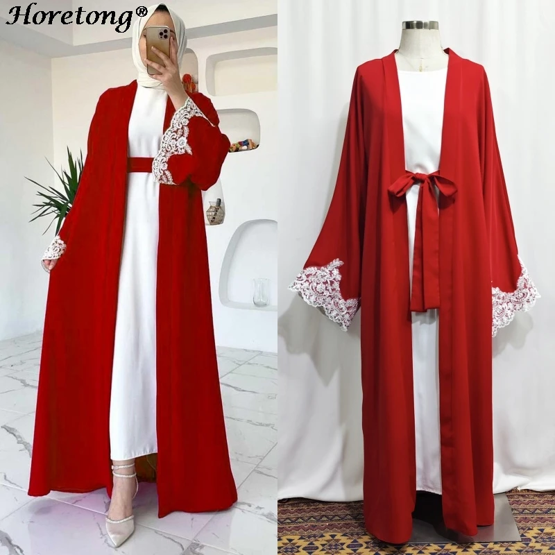 Lace Applique Cuff Two Piece Muslim Abaya Set 2026 Classic Red Open Front Belted Robe Sleeveless Tank Dress Modest Ramadan Eid