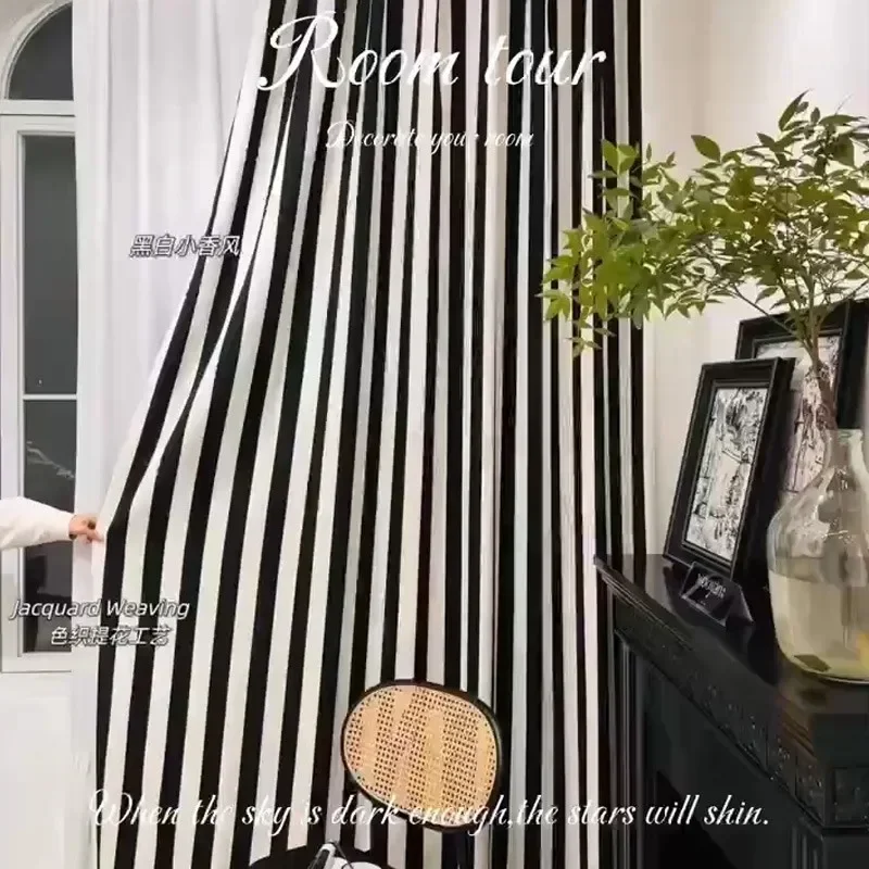 Vertical Striped Black and White Chenille Jacquard High-end Curtain Art Living Room Studio Small Fragrance Blackout Curtains