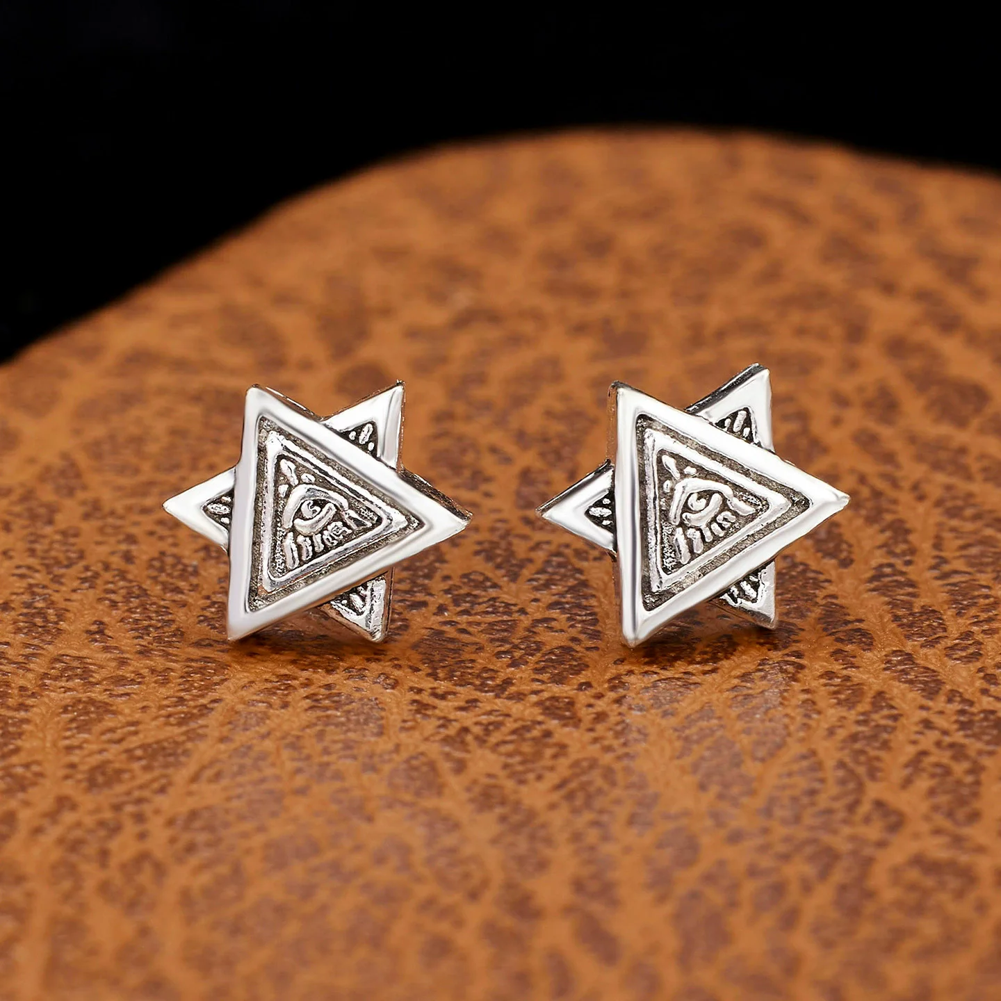 S925 pure silver hexagonal star silver needle earrings couple personality Advanced Eye of God Triangular Geometric Earrings