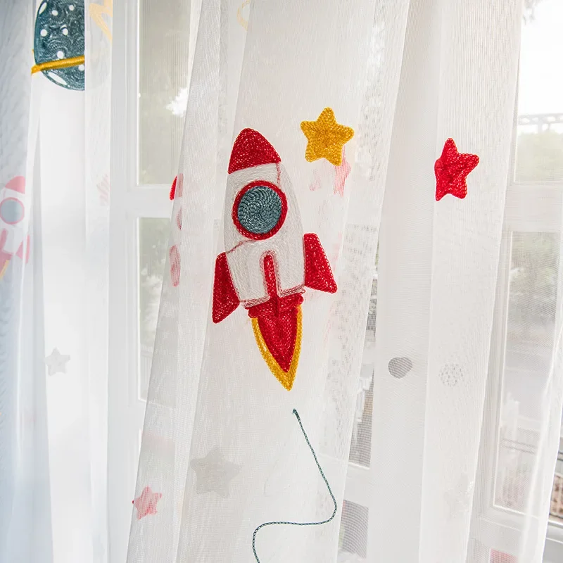 Modern Cartoon Dark Blue Boys Kids Curtain for Bedroom Space Planet Rocket Embroidery Drape Shading 80% Window Treatment #E