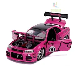 Model w skali 1:24 Nissan Skyline GTR Hello Kitty odlew stopu kolekcja modeli dekoracyjne ozdoby prezenty dla chłopca zabawki prezenty dla dzieci