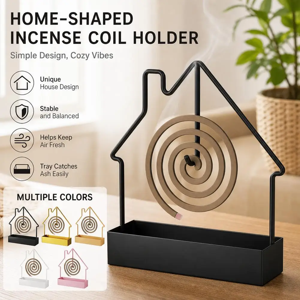 Creative Iron Mosquito Coil Holder House Shape Ins Style Metal Incense Burner Plate with Ash Tray for Home Outdoor Camping