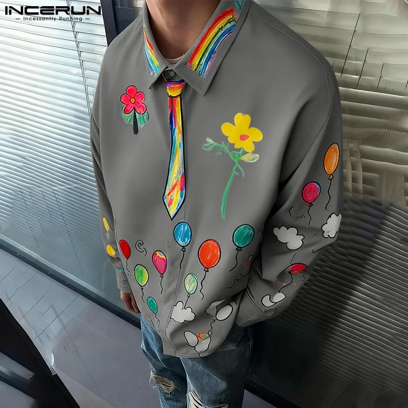 INCERUN Men Shirt Printing Lapel Long Sleeve Loose Men Clothing Streetwear Vacation 2026 Fashion Casual Tops Male Shirts S-5XL
