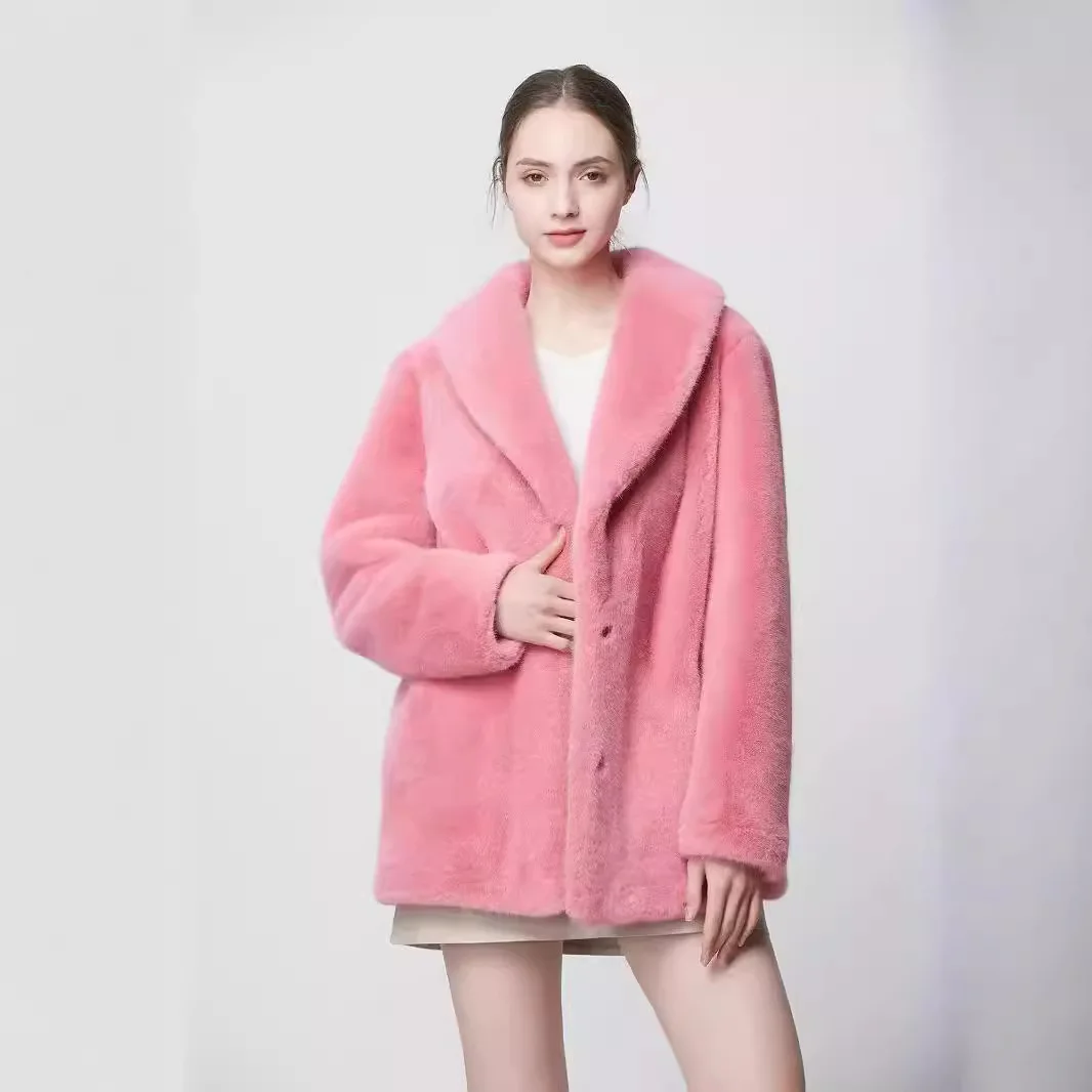 KIDCRKJ 겨울 여성 밍크 퍼 재킷 솔리드 싱글 브레스티드 플리스 여성 아우터 우아한 따뜻한 플러피 인조 퍼 재킷