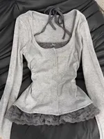 Women Y2K Korean Harajuku Vintage Two-Piece Lace Neck halter T-Shirt Acubi Shirt slim Temperament Design ​​long-sleeved Top