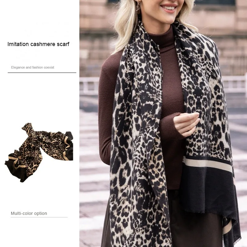 2025 Leopard Print Faux Cashmere Scarf for Women Warm Winter High-end Quality Long Scarf and Shawl Stoled Echarpe