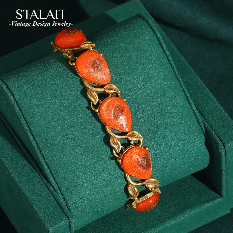 

Vintage Orange Stone Bracelets Gold Color Powder Glass Leaves Natural Love Antique Jewelry Bead Girls for Women Christmas Gift