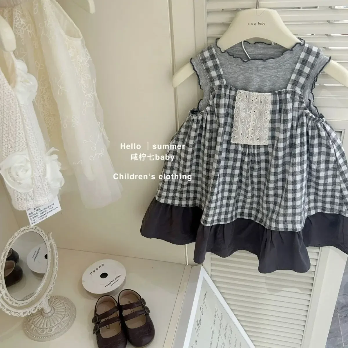 

Girl Baby Set 2025 Summer New Style Forest Lace Loose Korean Style Patchwork Checkered Strap Skirt Set