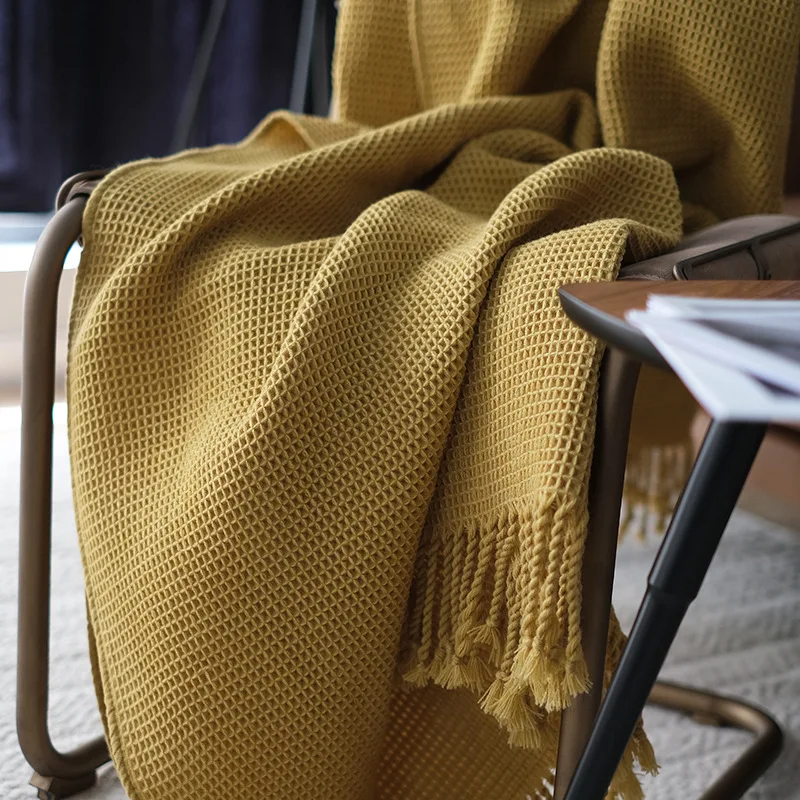 Waffle Throw Knitted Blanket Bedspread Modern Gray Yellow Decorative For Sofa Throw Warm Living Room Bedding Home Decorations