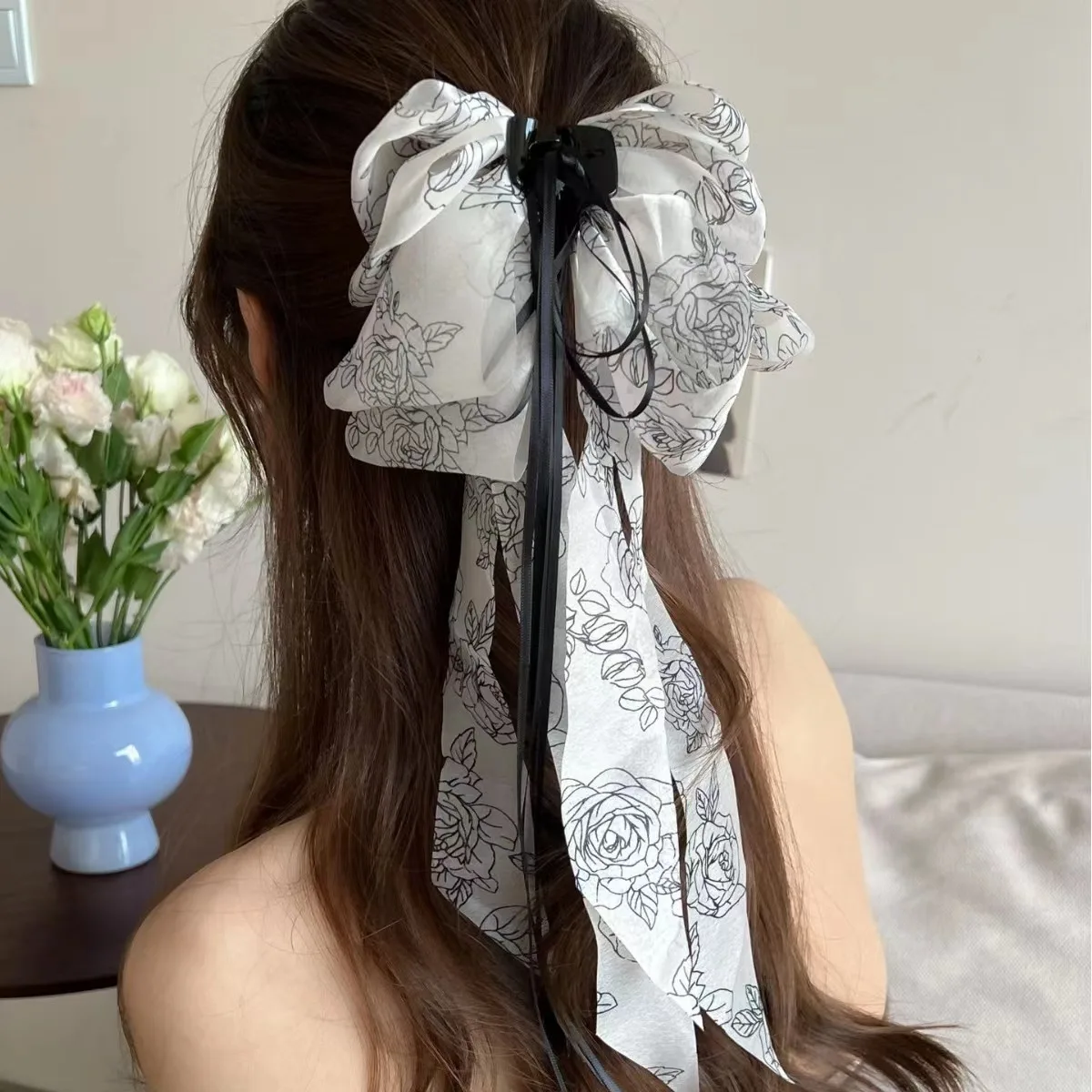 girls Chinese style small fresh long ribbon multi-layer ponytail clip casual dating wear