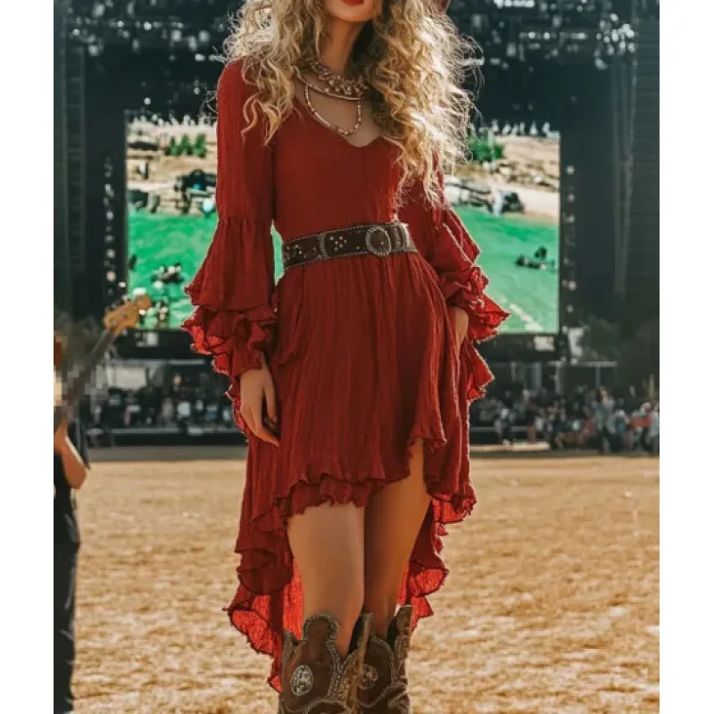 모로더 유럽 및 미국 플러스 사이즈 러플 플로럴 프린지 리조트 스타일 빈티지 솔리드 컬러 드레스