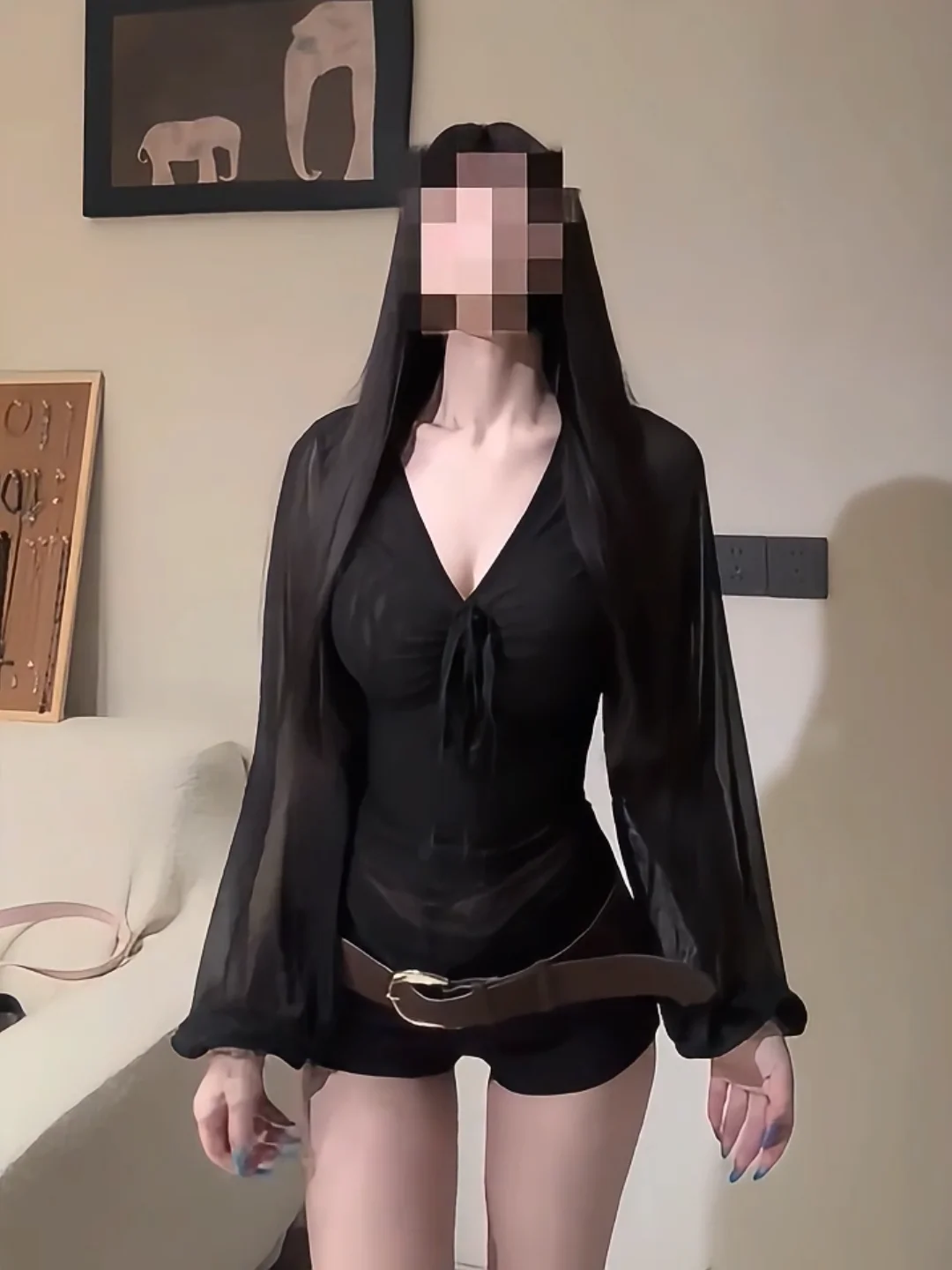 Sexy Retro Spicy Girl Black V-Neck Long Sleeve Chiffon Top And Shorty Shorts Set Spring Pure Desire Body Shape Highlighting O...