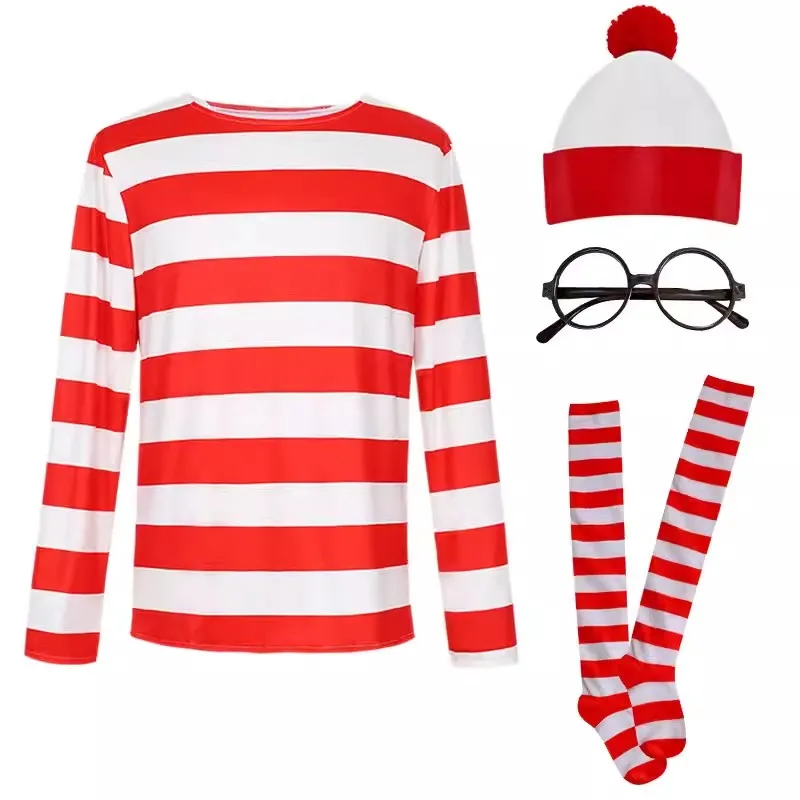 Parent-child Cartoon Where is Wally Waldo Costume Waldo Book Week Cosplay Outfit Stripe Long Sleeve Shirt Hat Glasses Adult kids