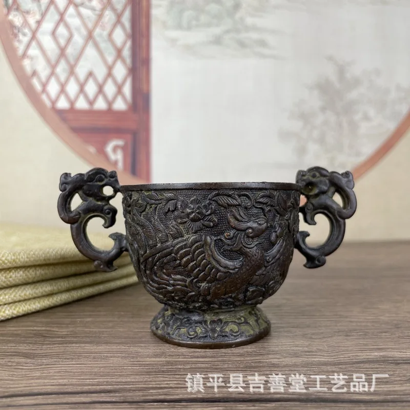 Double Dragon Double Phoenix Wine Glass Tea Cup Retro Furnishings Tea Ceremony Decorations High Foot Dragon Phoenix Wine Glass