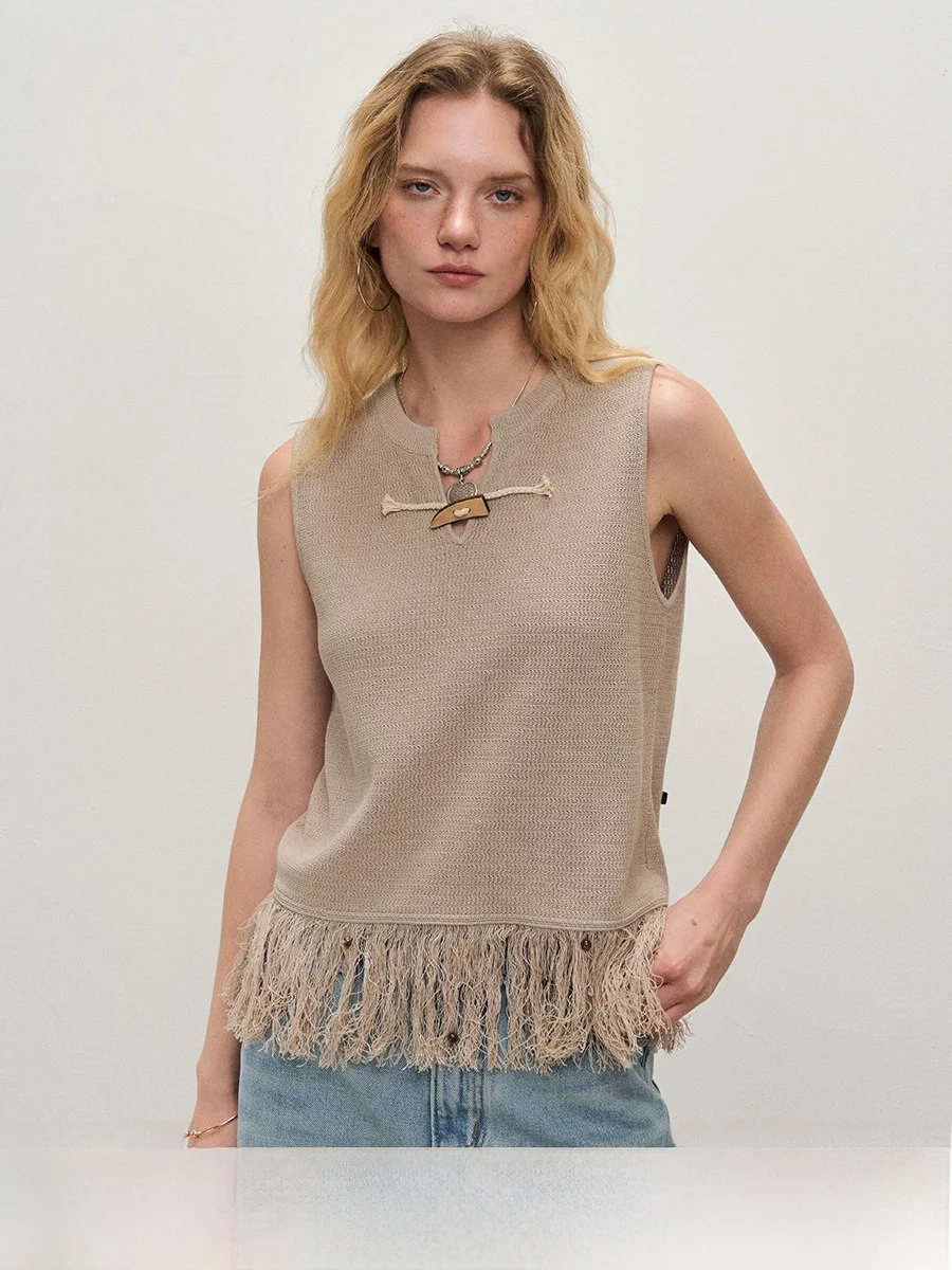 

l Wooden Button Tassel Vest Svel Top in Paper Fabric Brown Cotton Lyocell Blend Summer Regular Fit Overhead Sle