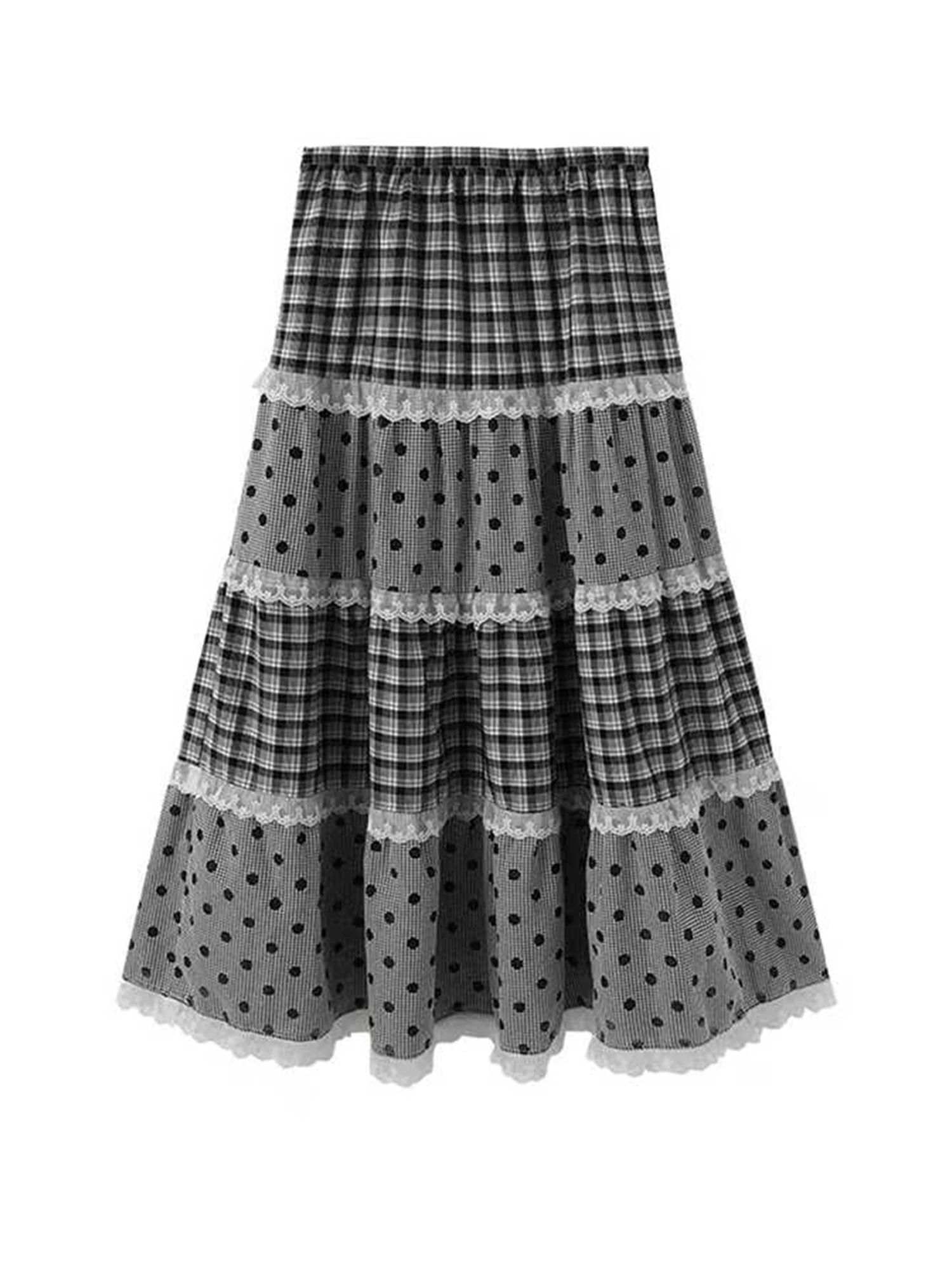 Women's Clothing Black Long Skirt Vintage Aesthetic Y2k Lace Patchwork A-line Skirt Harajuku Emo 2000s Plaid Skirt Summer 2025