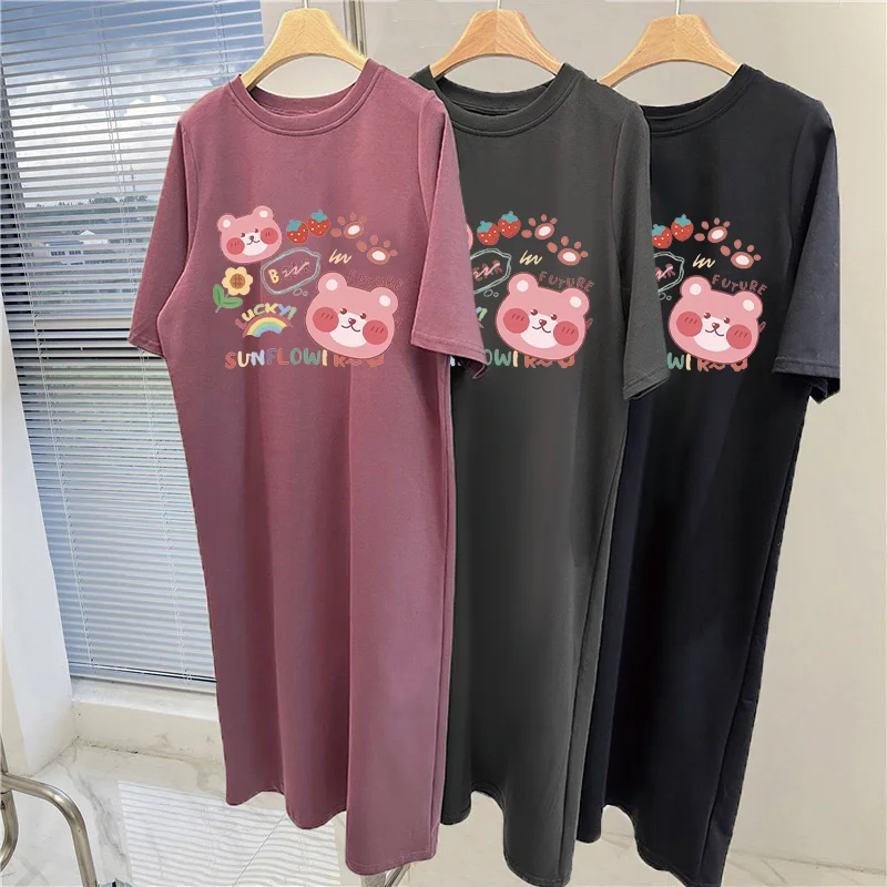 Summer New Loose Dress Women Casual Fashion Cartoon Fun Cute Bear Print Round Neck Short-sleeved Dress for Pregnant Women