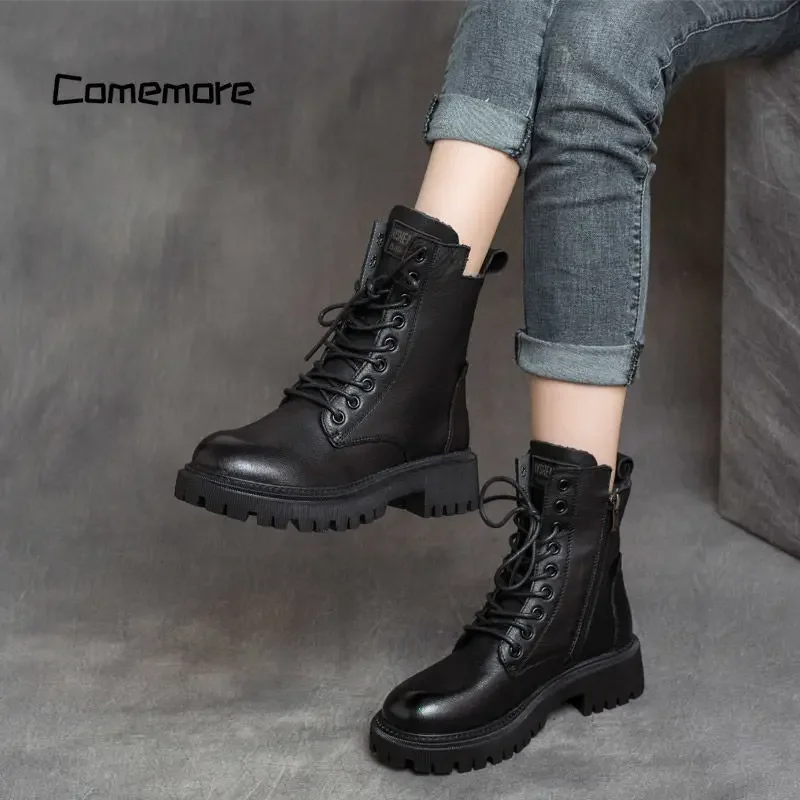 Comemore Boots Fashion Goth Shoe Woman Casual Autumn Leather Female Ankle Boot Platform Women\'s Footwear Women Shoes for Winter