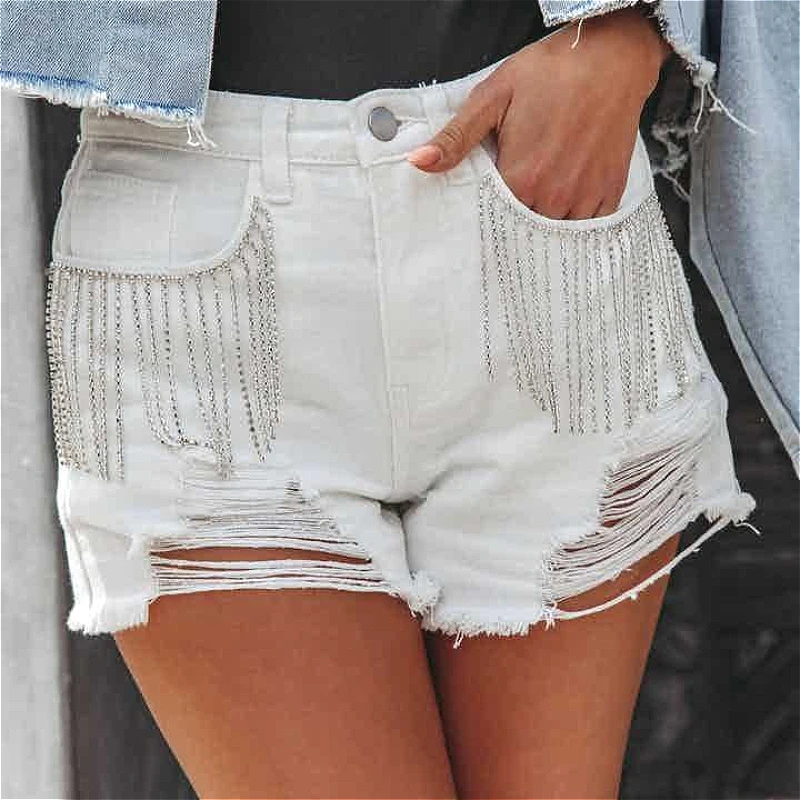 

2026 Ripped Shorts Women Vintage Jeans Chain Tassel Distressed Washed Mid Waist Hole Short Pants Streetwear Straight Denim Y2k